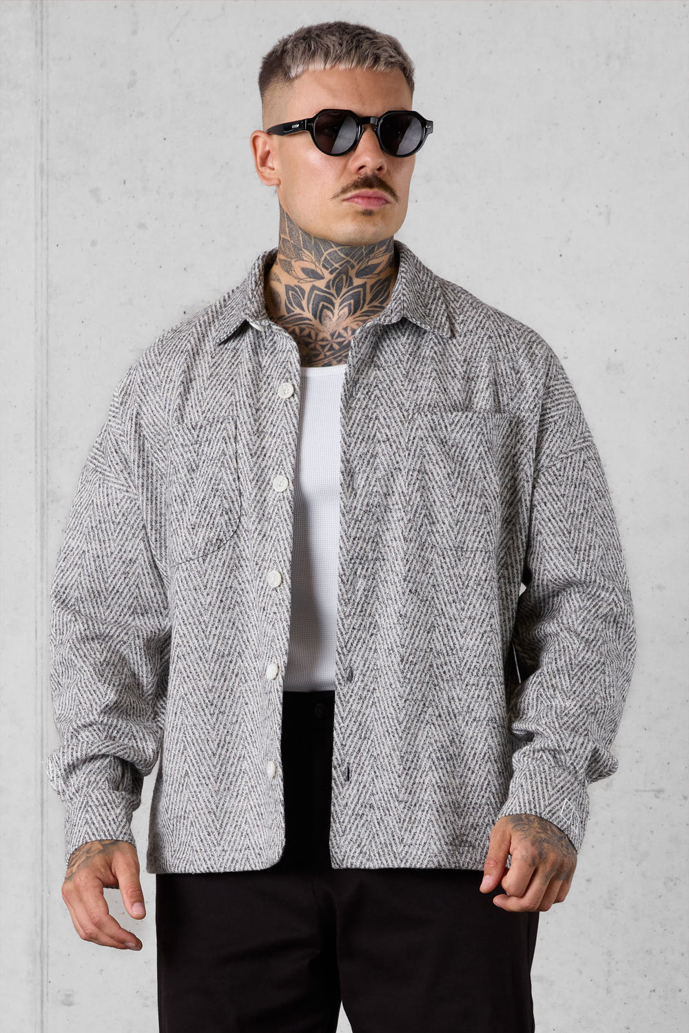 BEIGE HERRINGBONE OVERSIZED FLANNEL SHIRT