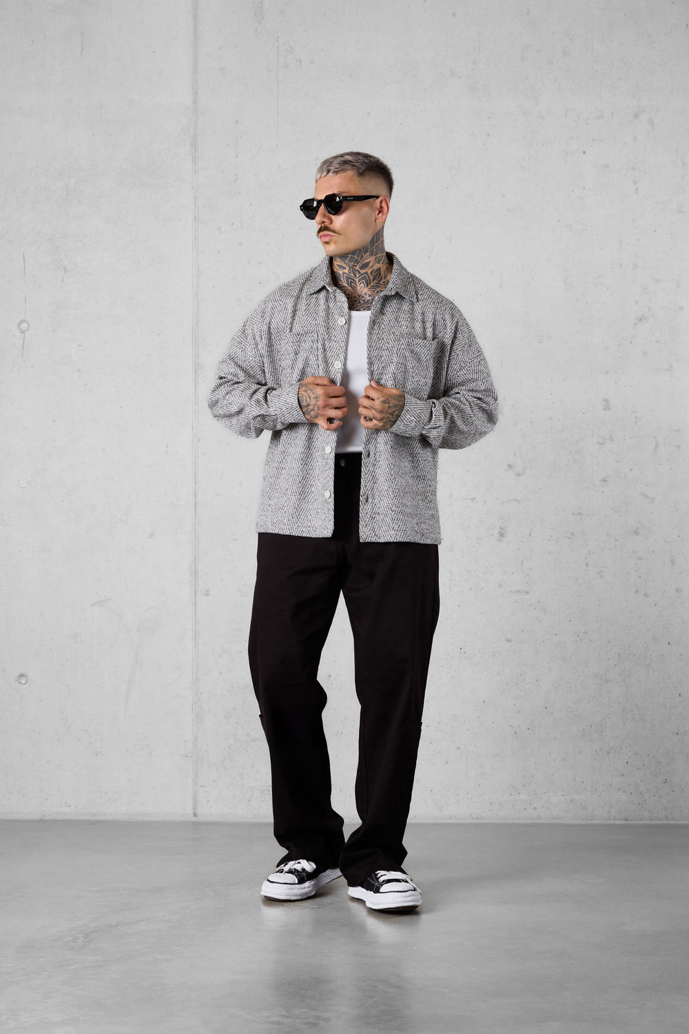 BEIGE HERRINGBONE OVERSIZED FLANNEL SHIRT