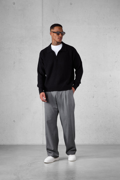 BLACK OVERSIZED KNIT POLO SWEATER