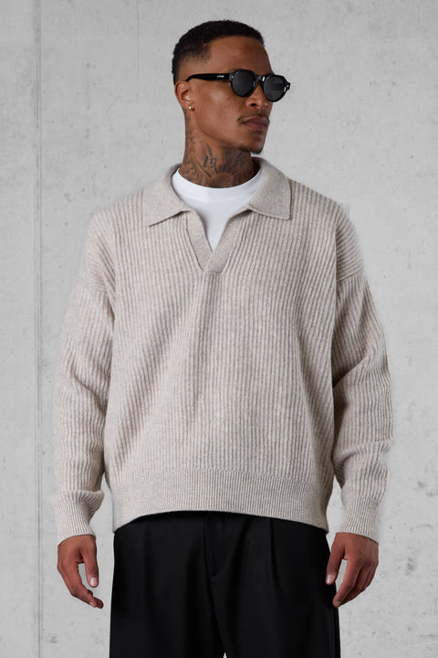GREIGE OVERSIZED KNIT POLO SWEATER