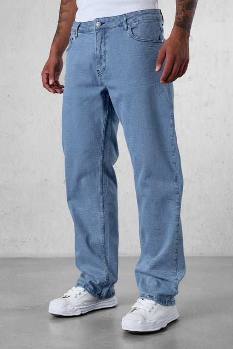 WASHED BLUE WRINKLED STRAIGHT JEANS