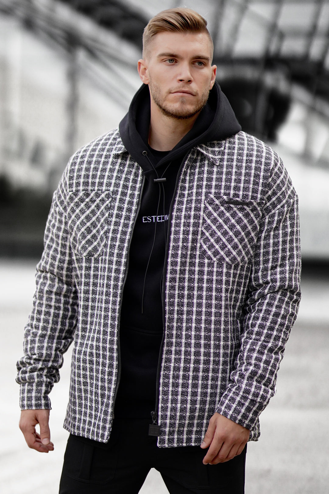 Black white checkered jacket on sale