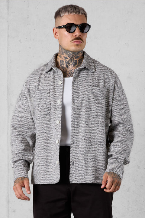 BEIGE HERRINGBONE OVERSIZED FLANNEL SHIRT