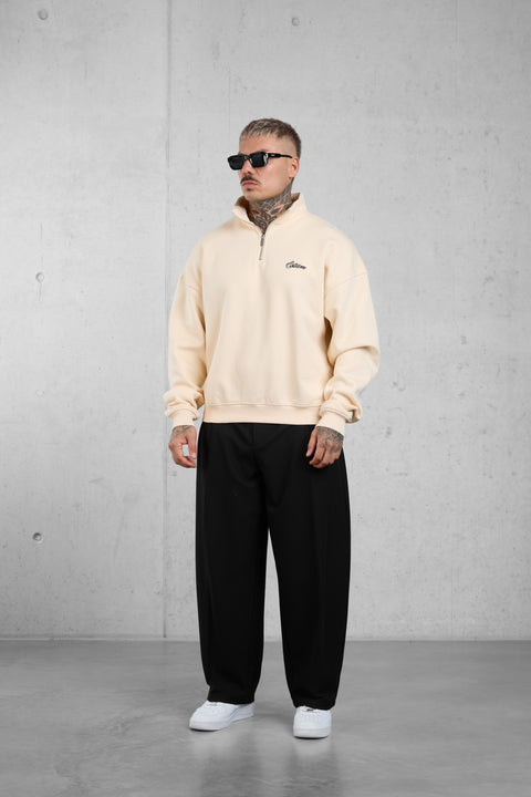 BEIGE SIGNATURE OVERSIZED HALFZIP SWEATER