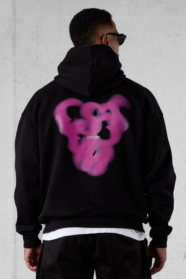 BLACK FLAMING BLURRED HEARTS OVERSIZED HOODIE
