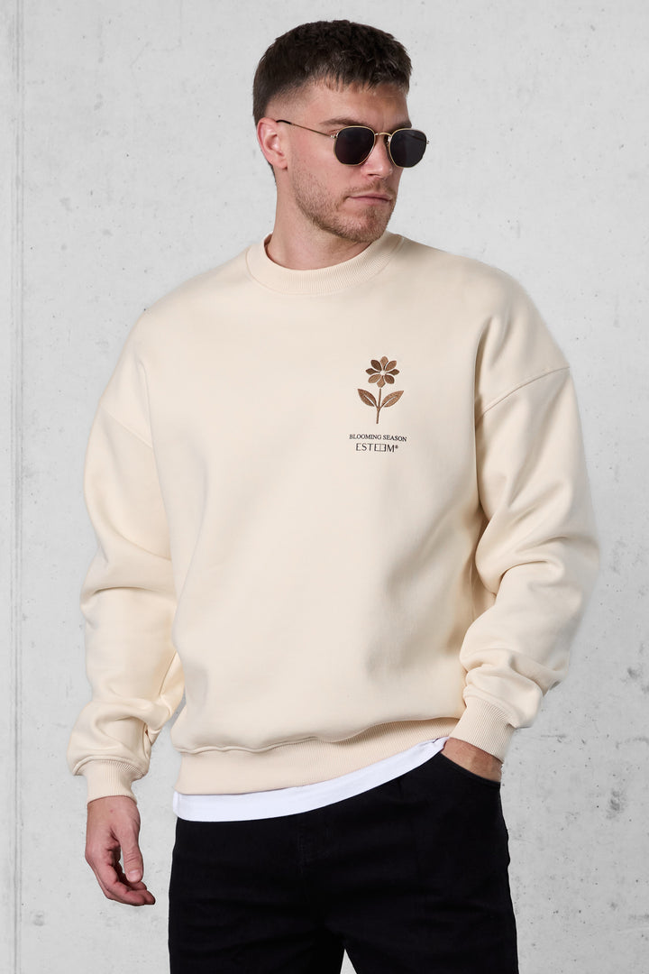 BEIGE BLOOMING SEASON LOGO OVERSIZED SWEATER