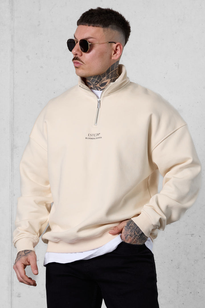 BEIGE BLOOMING SEASON OVERSIZED HALFZIP SWEATER