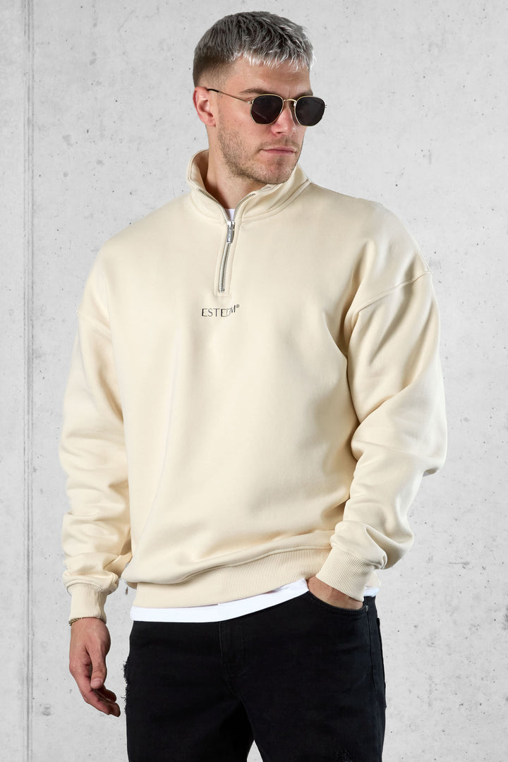 BEIGE DISCREET OVERSIZED HALFZIP SWEATER