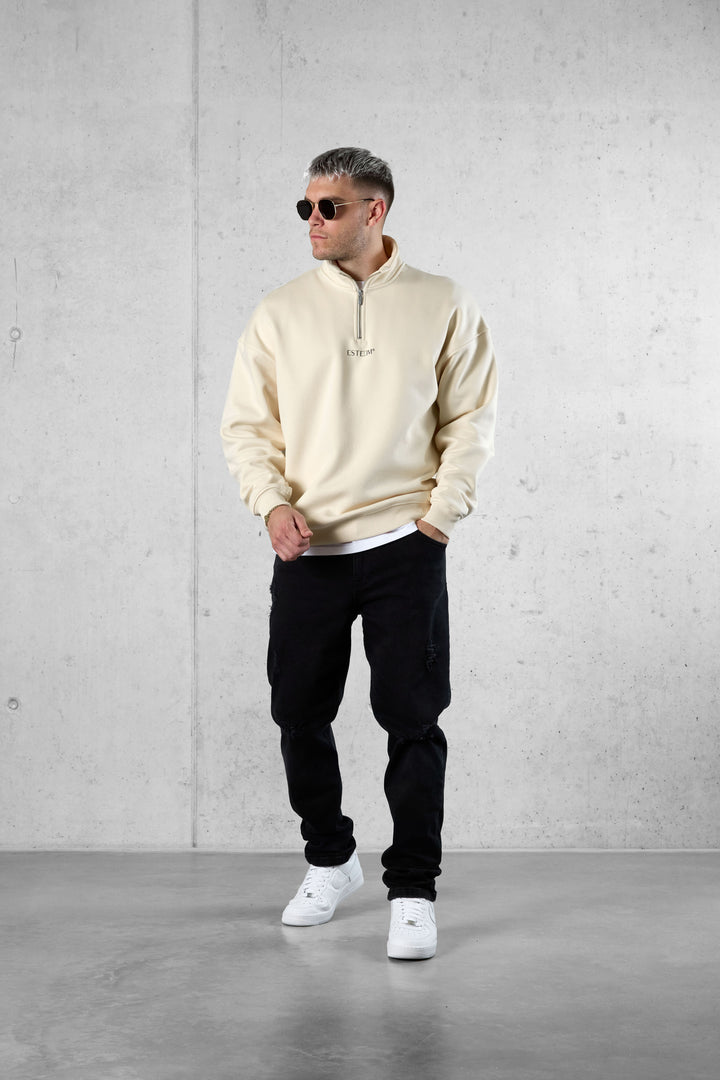 BEIGE DISCREET OVERSIZED HALFZIP SWEATER