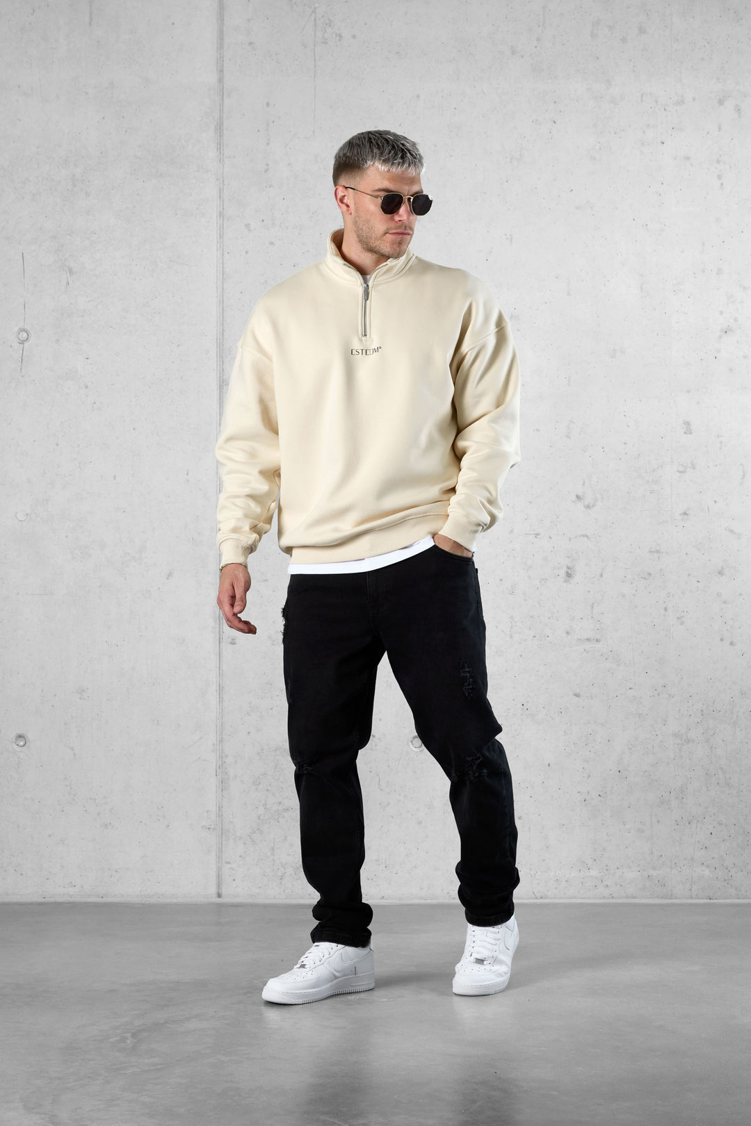 BEIGE DISCREET OVERSIZED HALFZIP SWEATER