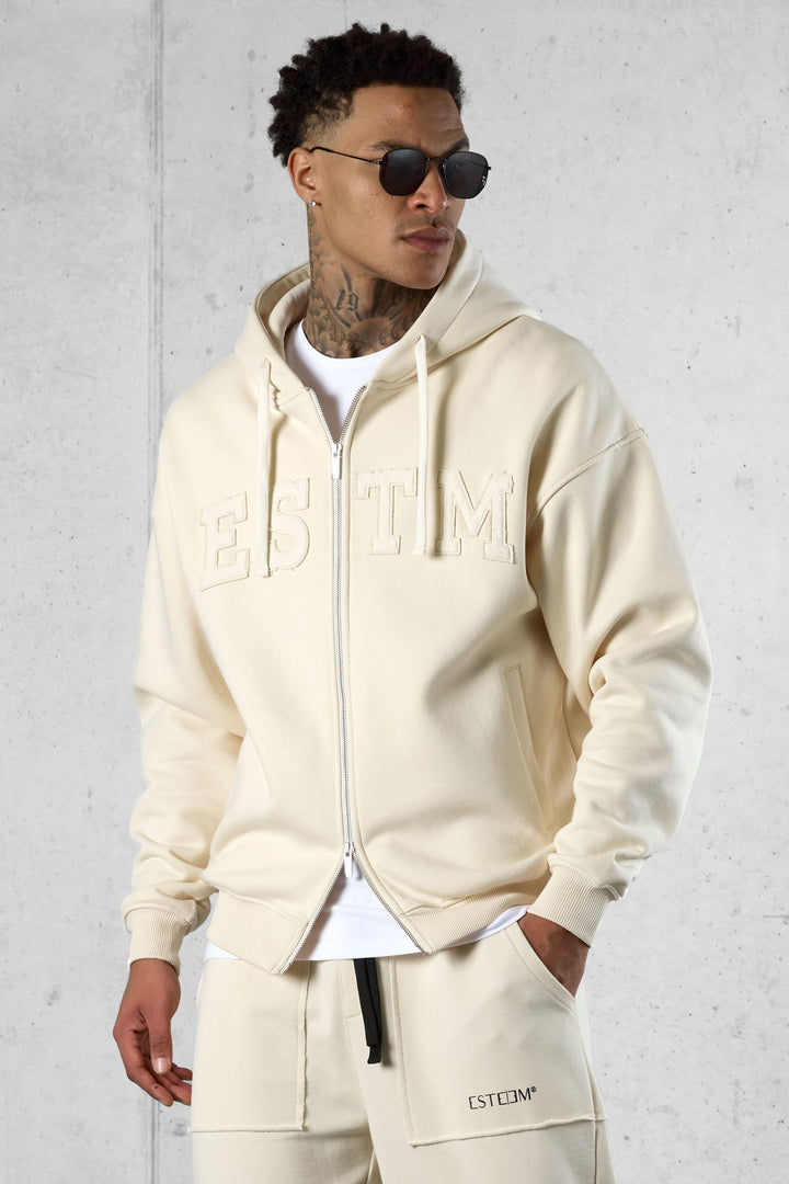 BEIGE ESTM APPLIQUÉ OVERSIZED ZIP HOODIE