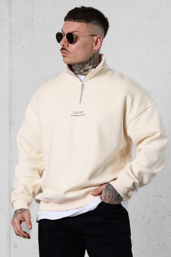 BEIGE BLOOMING SEASON OVERSIZED HALFZIP SWEATER
