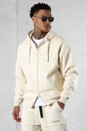 BEIGE ESTM APPLIQUÉ OVERSIZED ZIP HOODIE