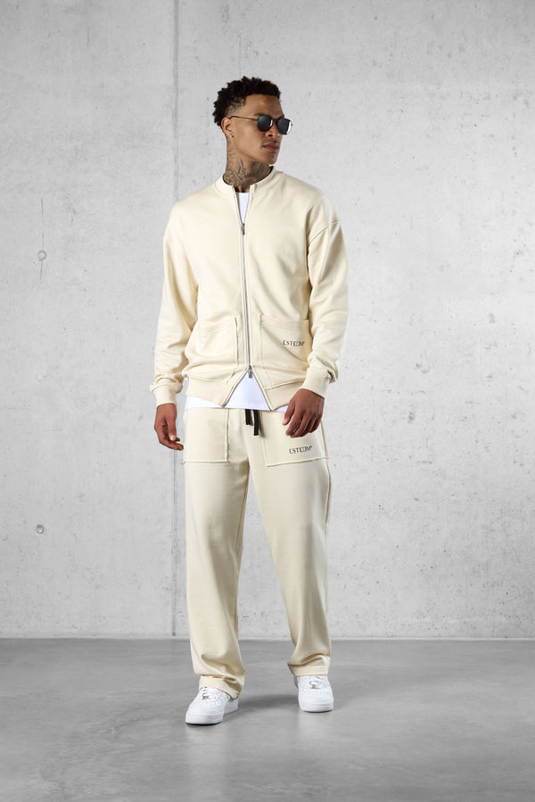 BEIGE SEAMS POCKET ZIP SWEATER