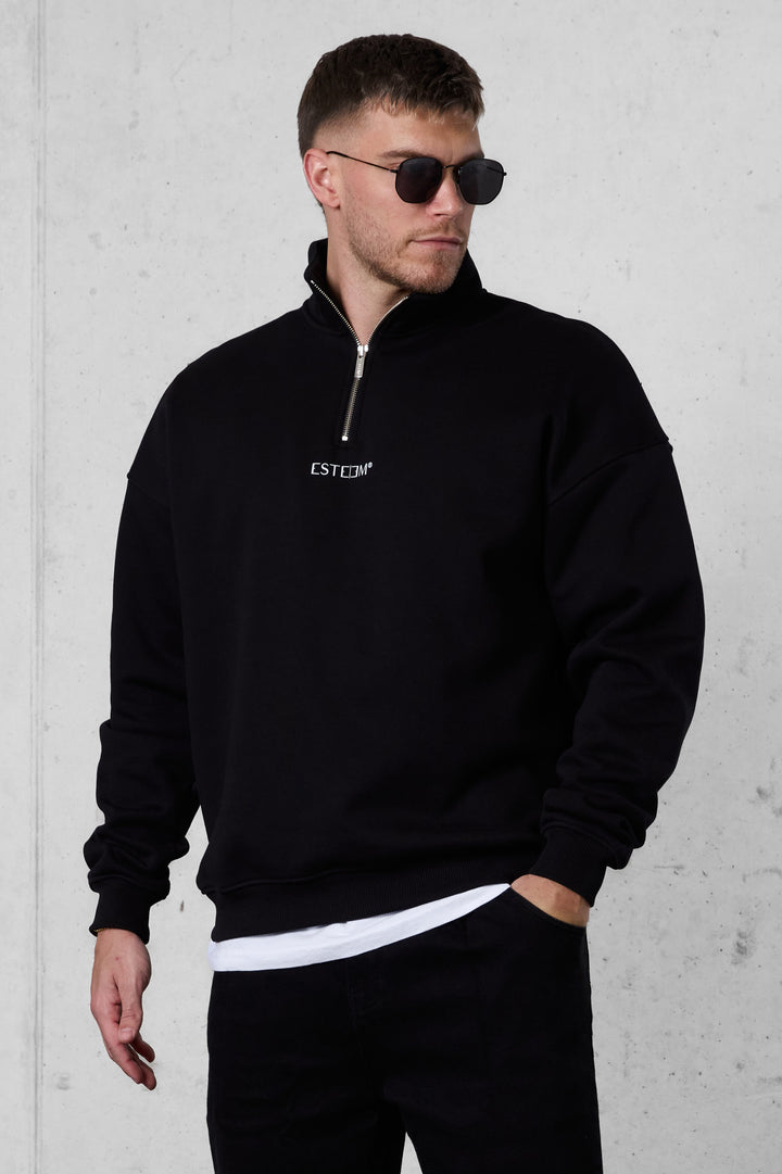 BLACK DISCREET OVERSIZED HALFZIP SWEATER