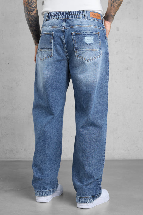 WASHED BLUE DESTROYED LOOSE JEANS