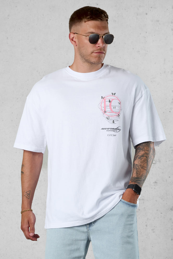 WHITE SPIRAL BUTTERFLY LOGO OVERSIZED TEE