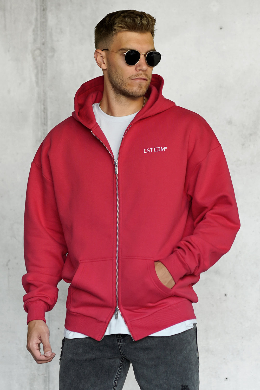 RED DISCREET OVERSIZED ZIP HOODIE
