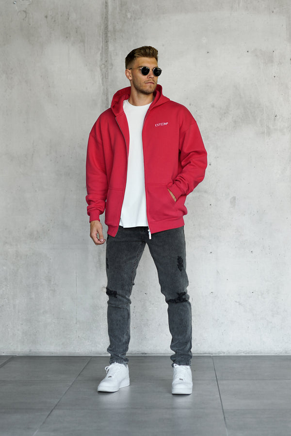 RED DISCREET OVERSIZED ZIP HOODIE