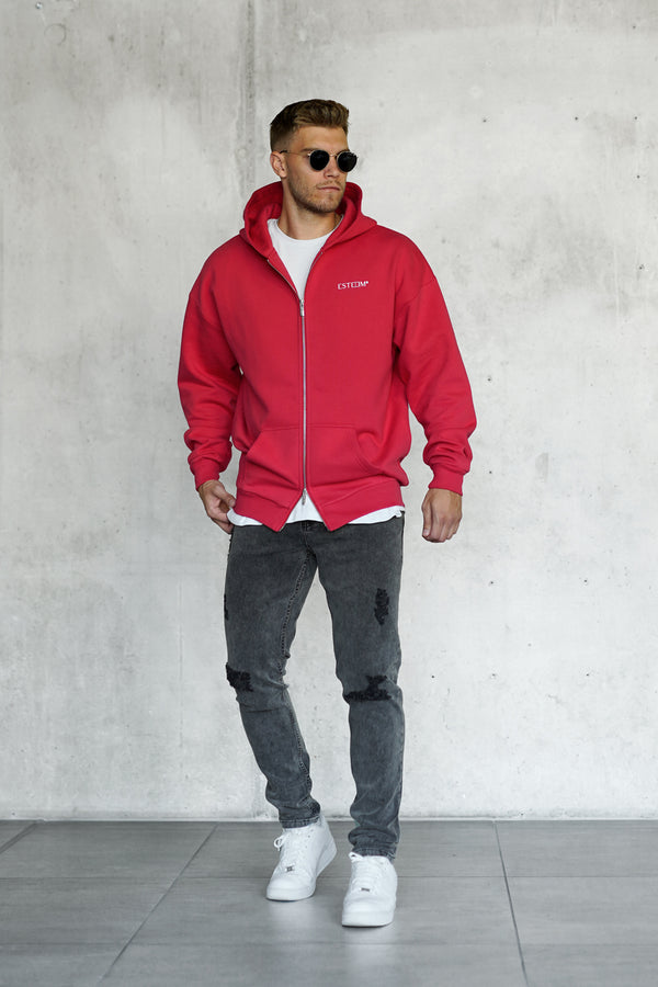 RED DISCREET OVERSIZED ZIP HOODIE