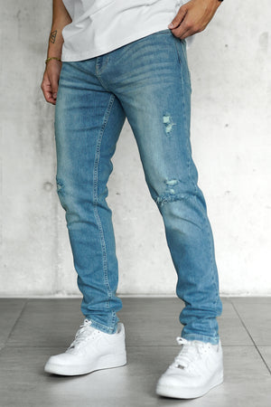 WASHED BLUE DESTROYED STRAIGHT JEANS