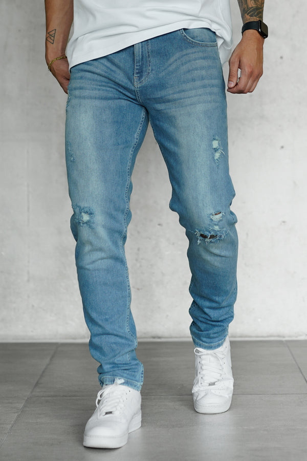 WASHED BLUE DESTROYED STRAIGHT JEANS