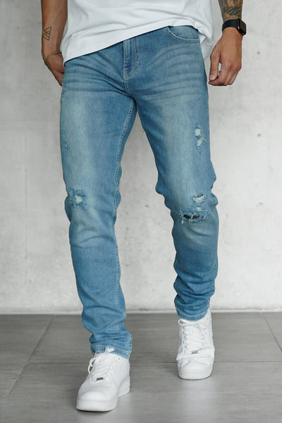 WASHED BLUE DESTROYED STRAIGHT JEANS