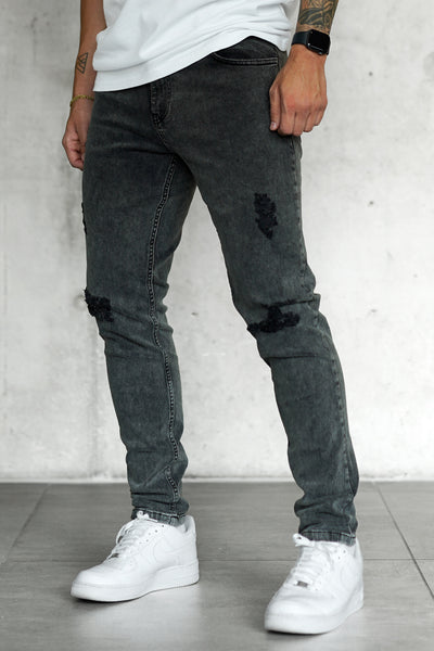 WASHED GREY DESTROYED STRAIGHT JEANS